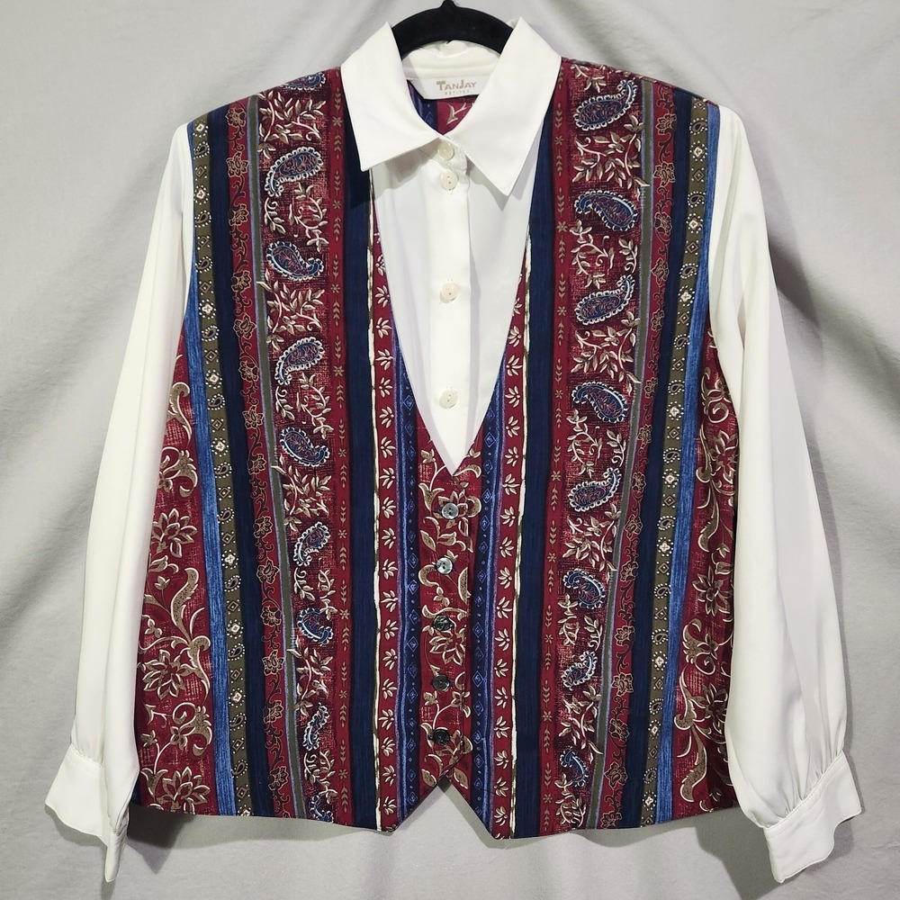 TanJay Petites MED Vintage Floral Paisley Button‎ Blouse Vest Cottage Librarian